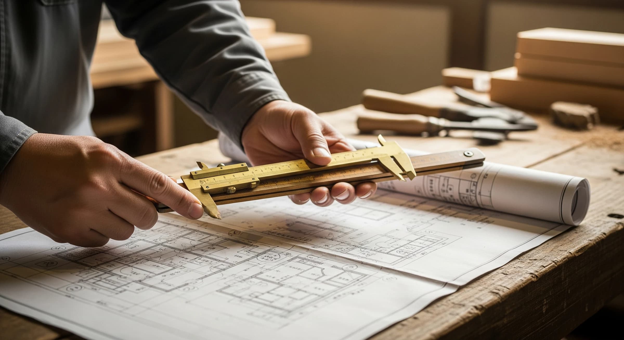 現場で図面と工具を扱う職人の手元